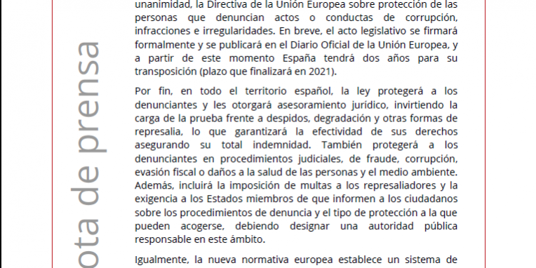 Nota de prensa Directiva CAS