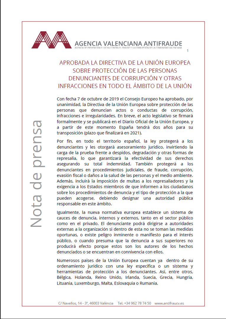 Nota de prensa Directiva CAS