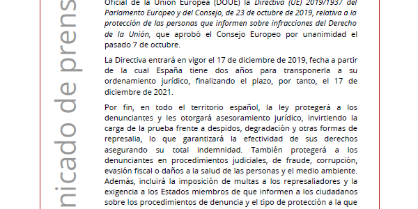 Nota de prensa Publicación directiva Nota de prensa Publicación Directiva Denunciantes