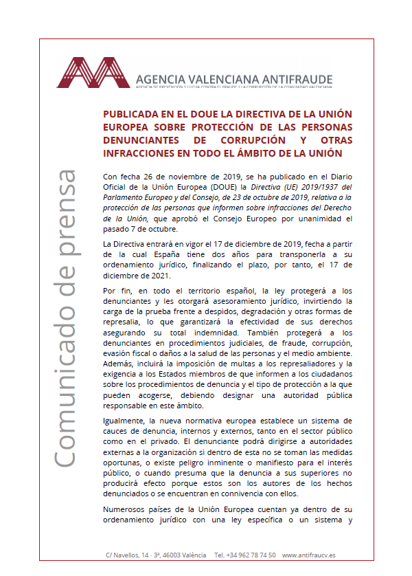 Nota de prensa Publicación directiva Nota de prensa Publicación Directiva Denunciantes